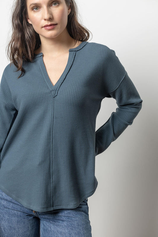 Rounded Hem Split Neck T-Shirt