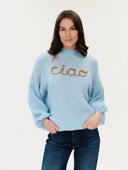 Light blue graphic sweater with "ciao"