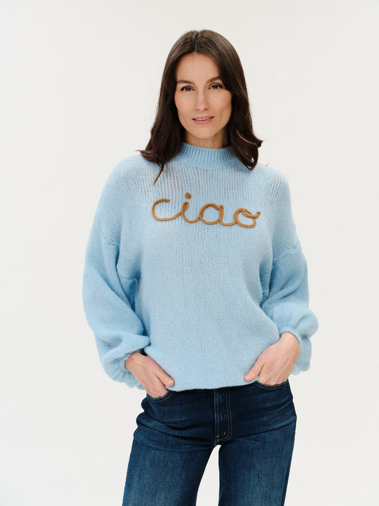Light blue graphic sweater with "ciao"