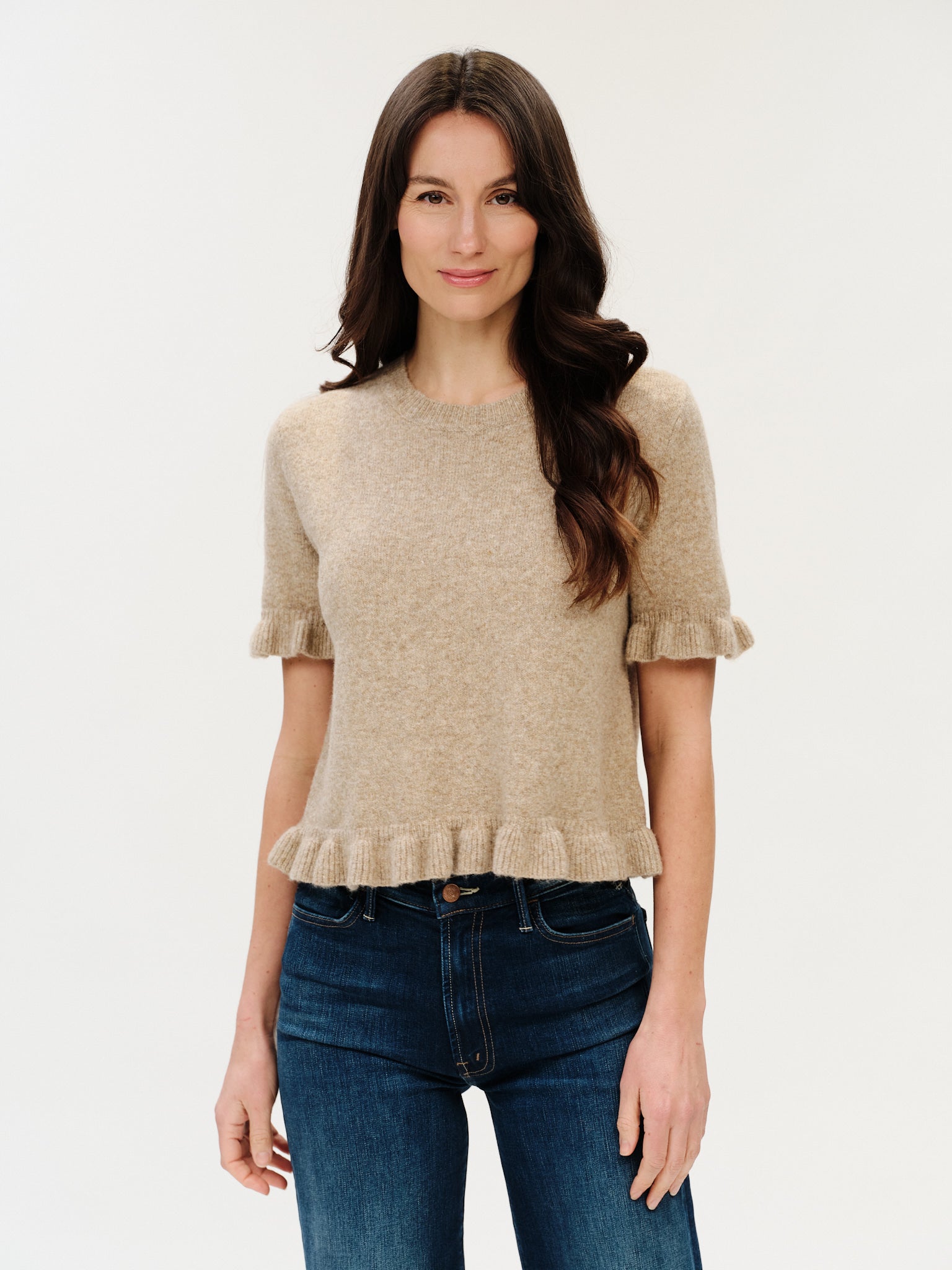Short sleeve camel sweater with ruffle trim