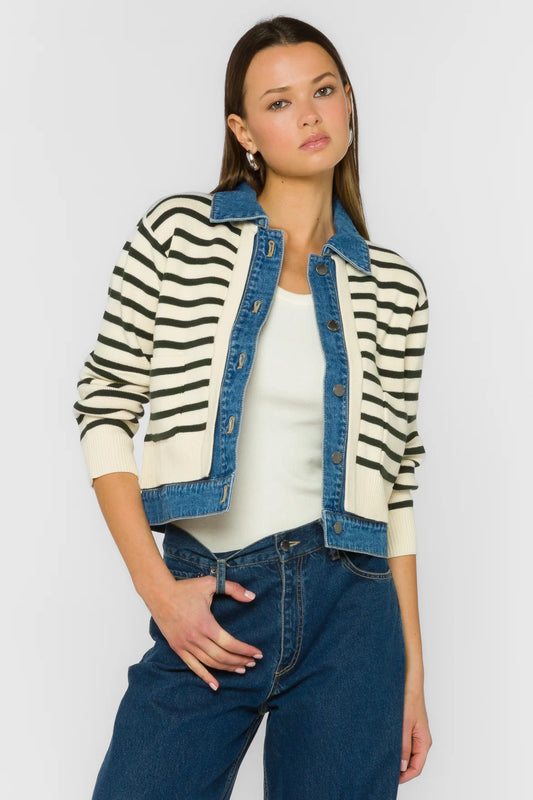 Francis Striped Mixed Media Denim and Knit Jacket