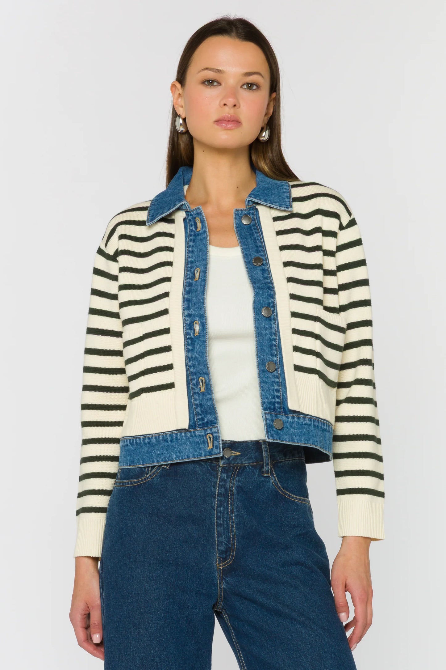 Francis Striped Mixed Media Denim and Knit Jacket