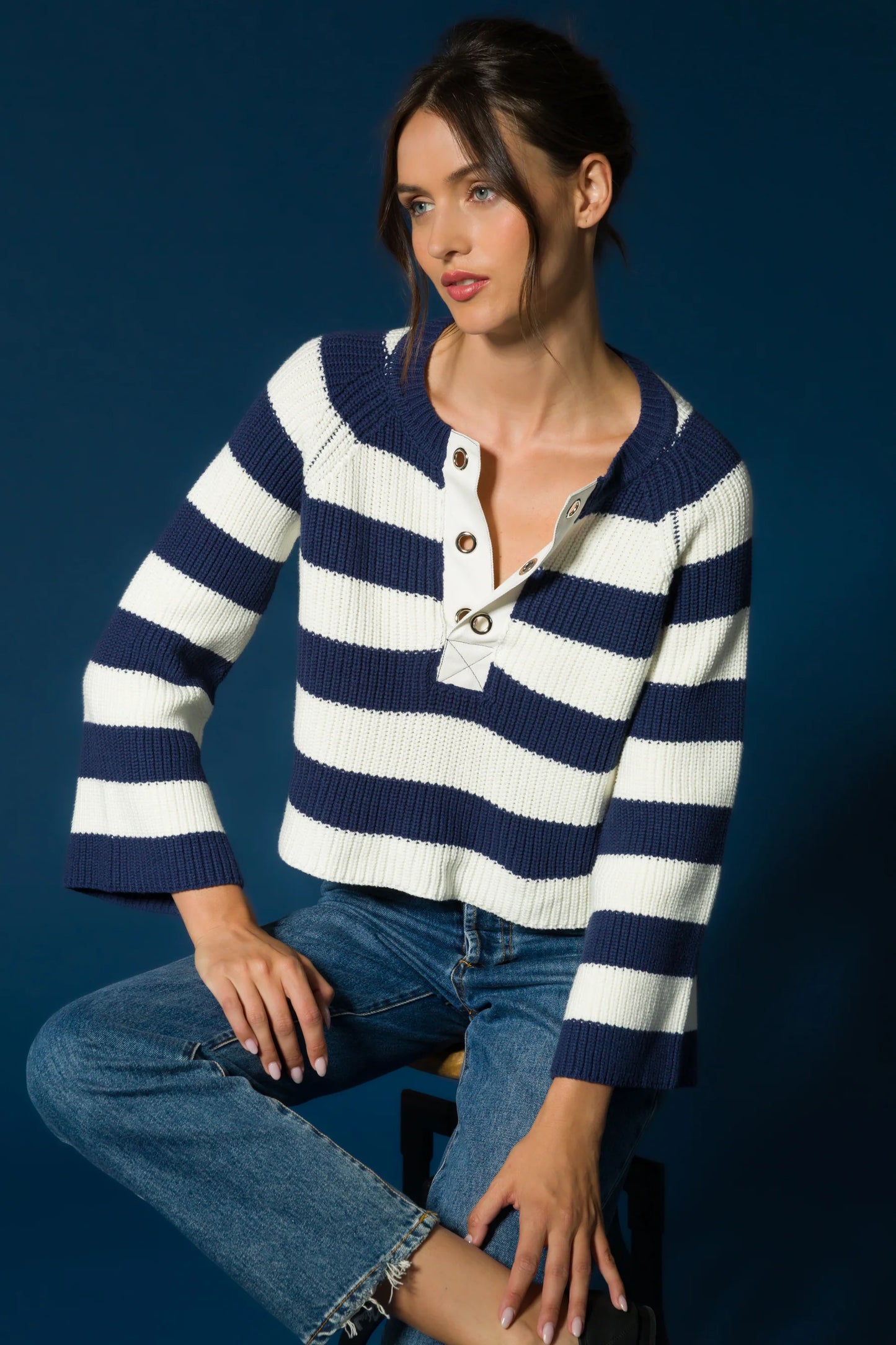 Sapphire Navy Stripe Bell Sleeve Sweater