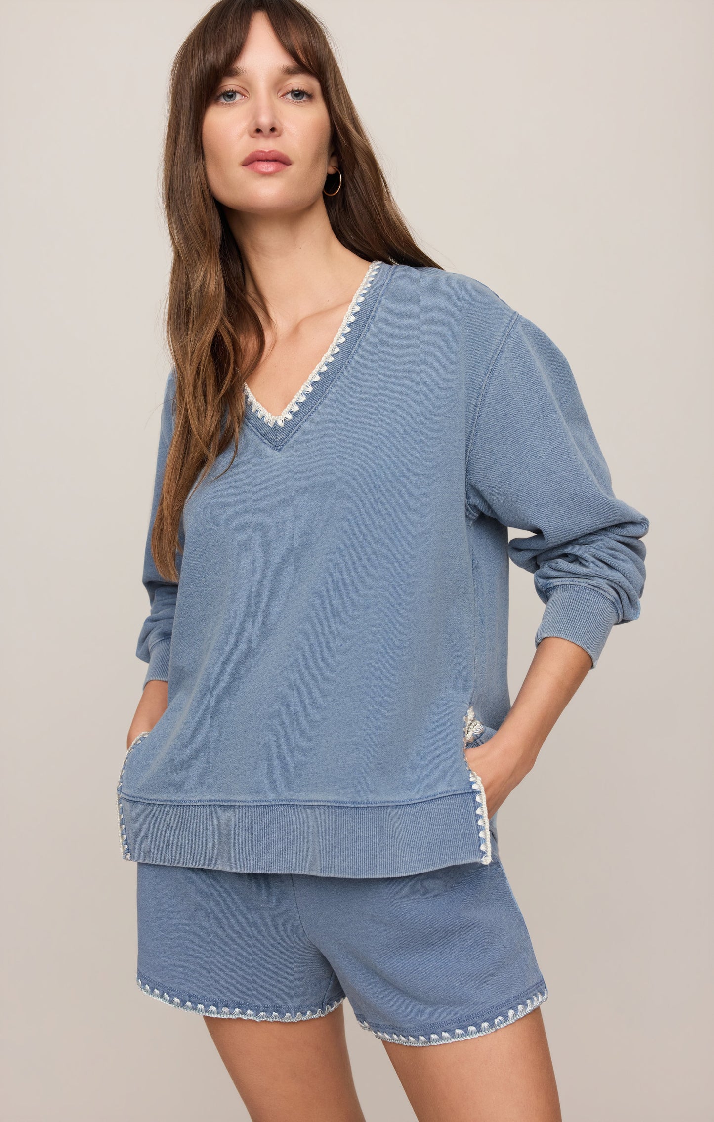 Cam Knit Denim Whipstitch Sweatshirt