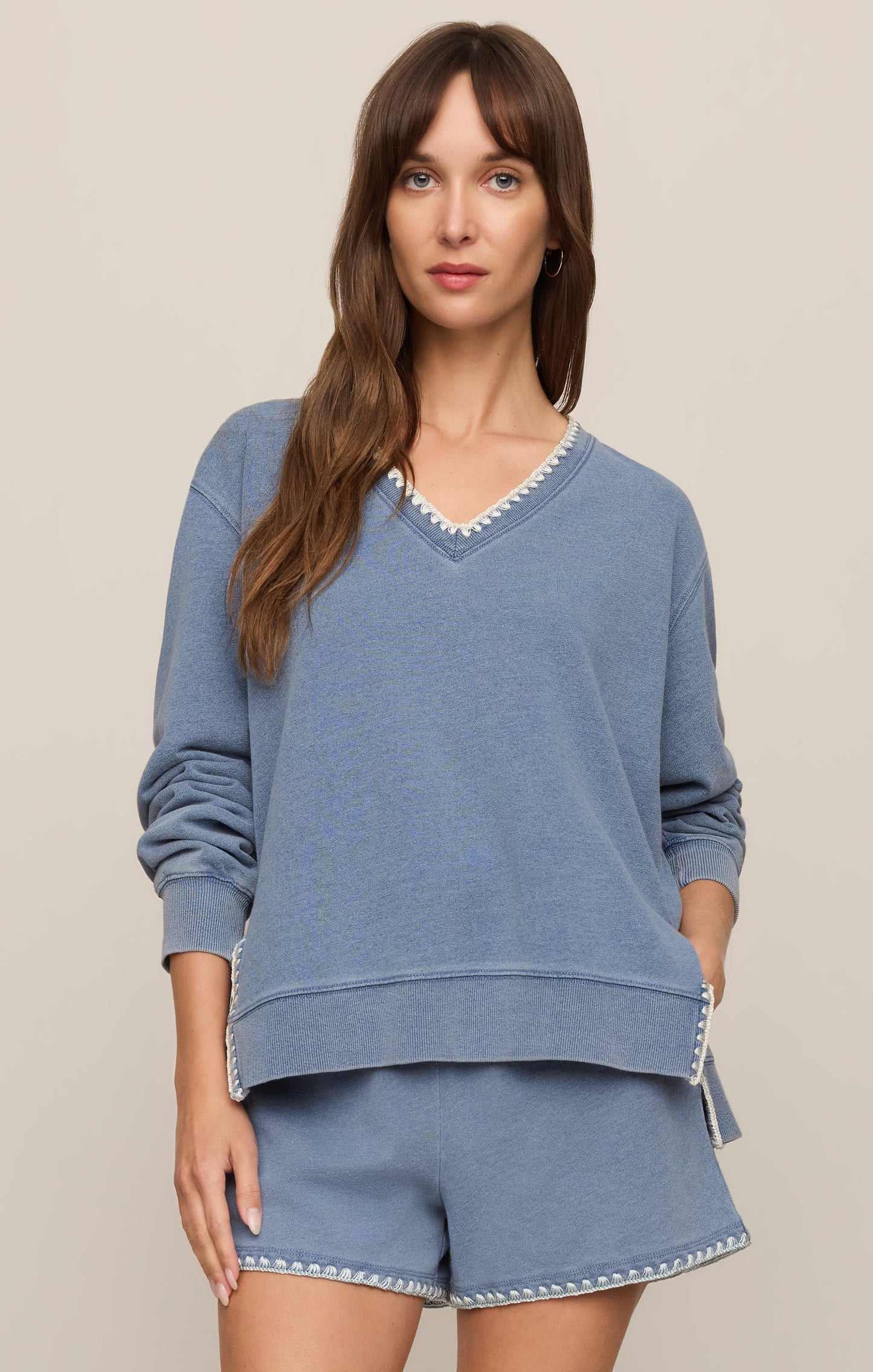 Cam Knit Denim Whipstitch Sweatshirt