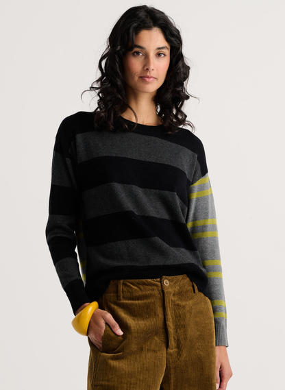 Model wearing Zaket & Plover fall bold stripe sweater in charcoal black and green.