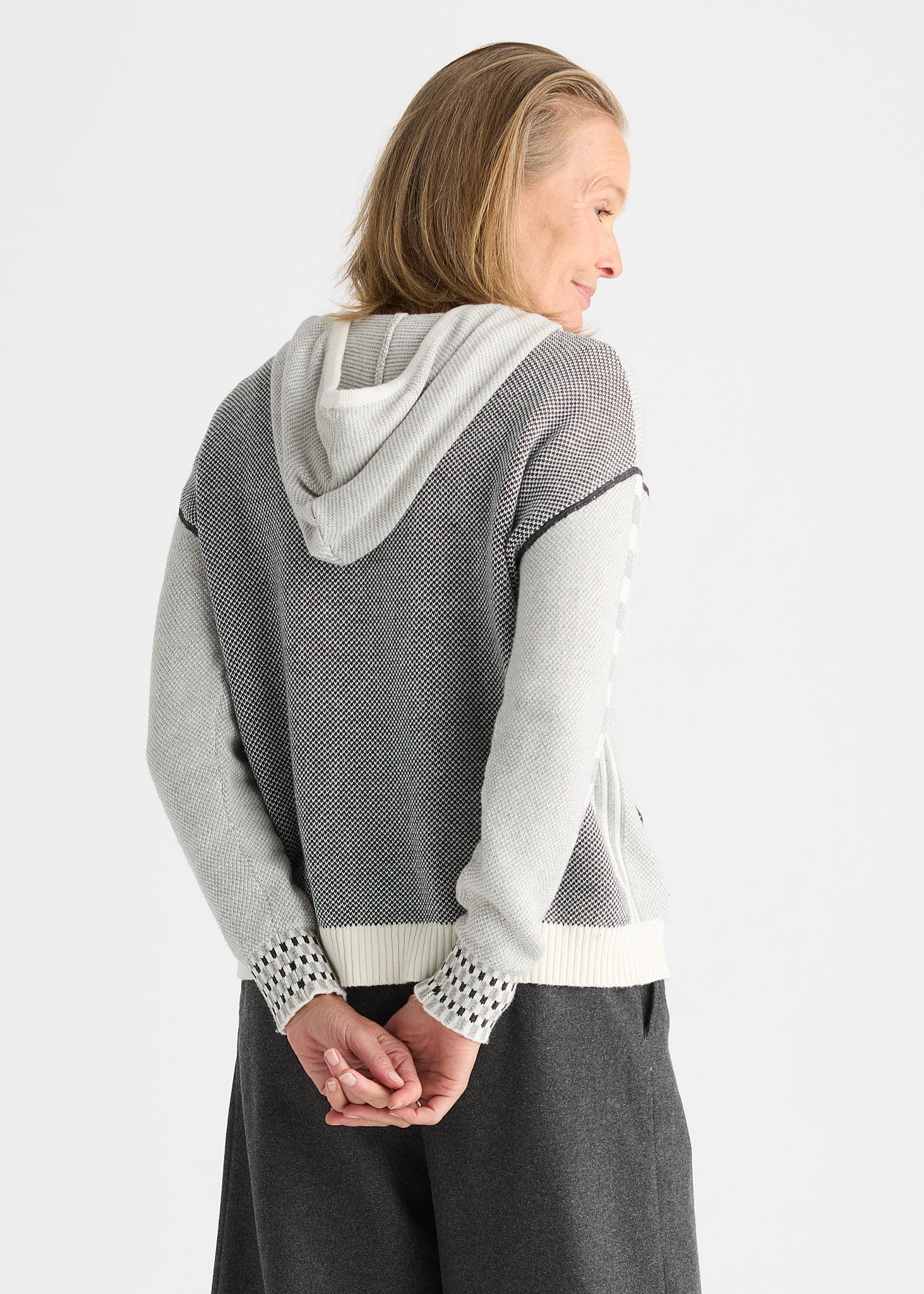 gray and charcoal zip up hooded sweater