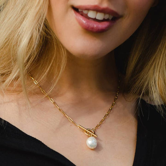 Gold Toggle Necklace with Pearl Drop