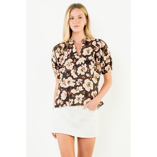 Brown Floral Short Sleeve Blouse by THML