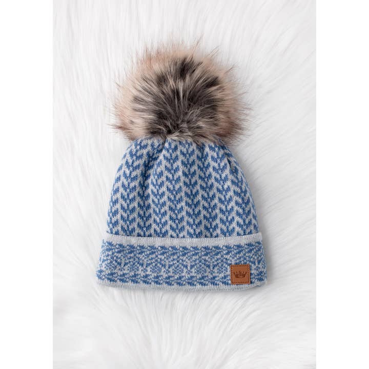 Frosty Blue and Gray Patterned Pom Hat