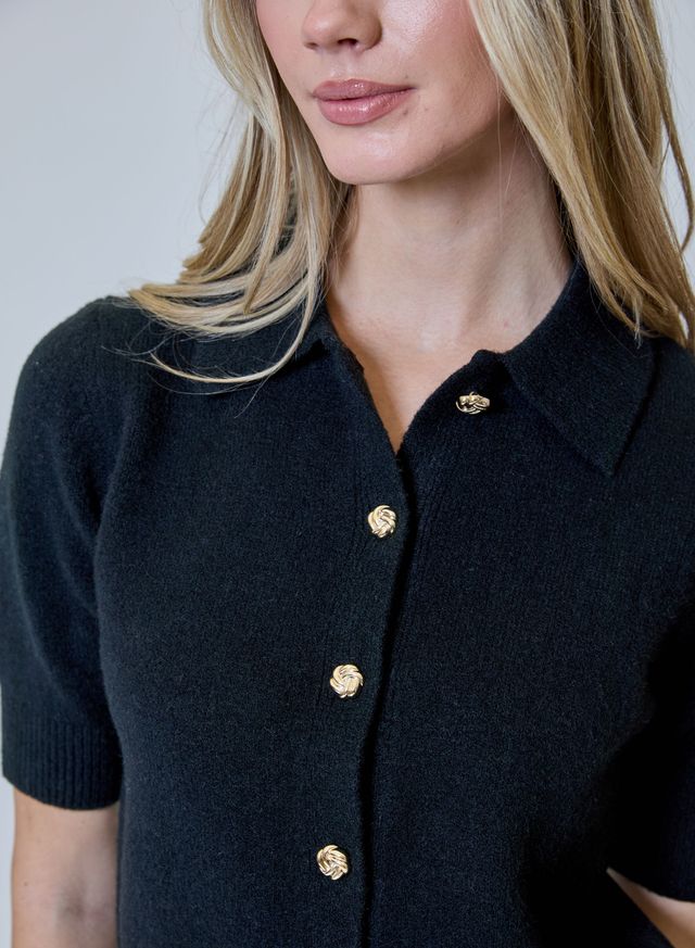Short Sleeve Collared Sweater with Gold Buttons