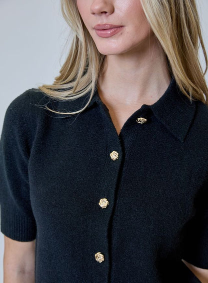 Short Sleeve Collared Sweater with Gold Buttons