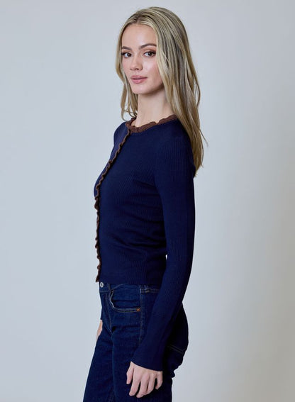 Navy Ruffle Detail Cardigan by Design History