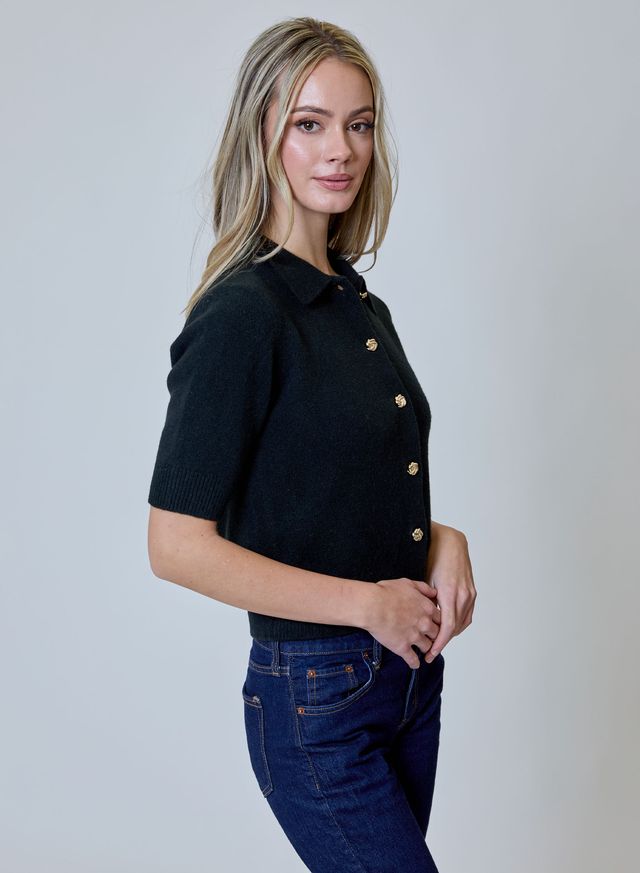 Short Sleeve Collared Sweater with Gold Buttons