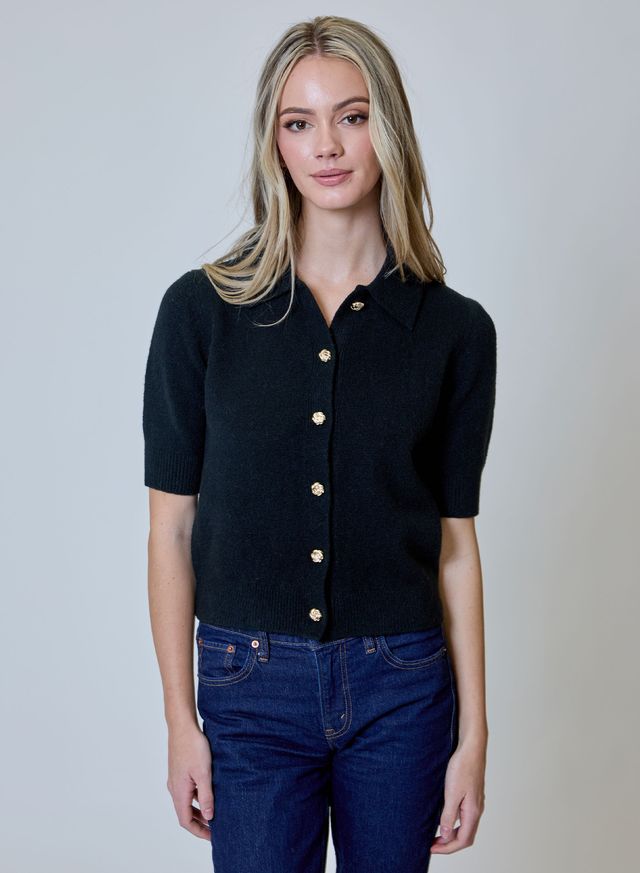 Short Sleeve Collared Sweater with Gold Buttons