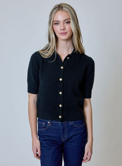 Short Sleeve Collared Sweater with Gold Buttons