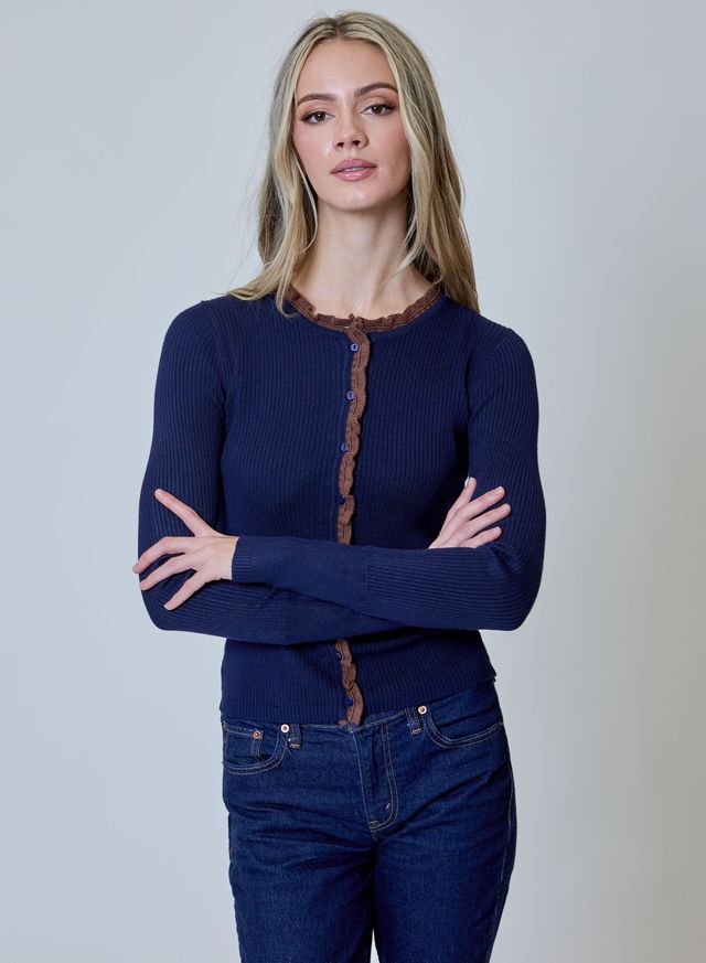Navy Ruffle Detail Cardigan by Design History