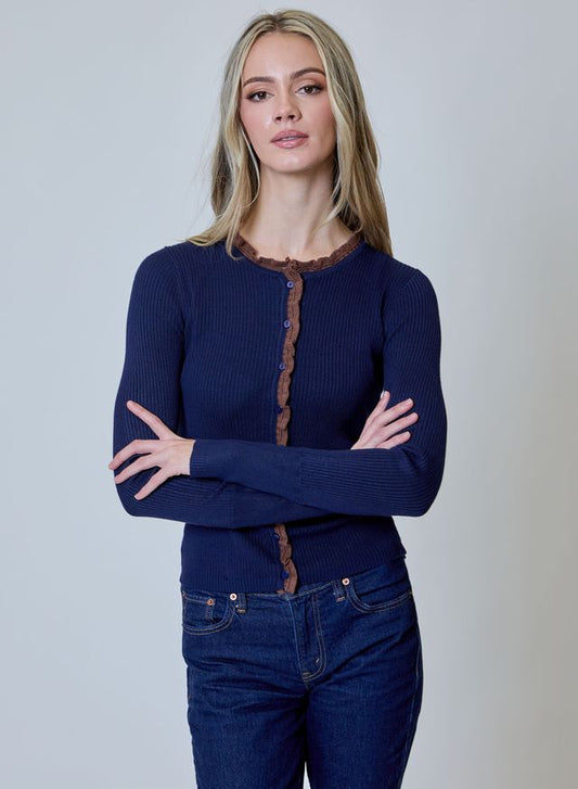 Navy Ruffle Detail Cardigan by Design History